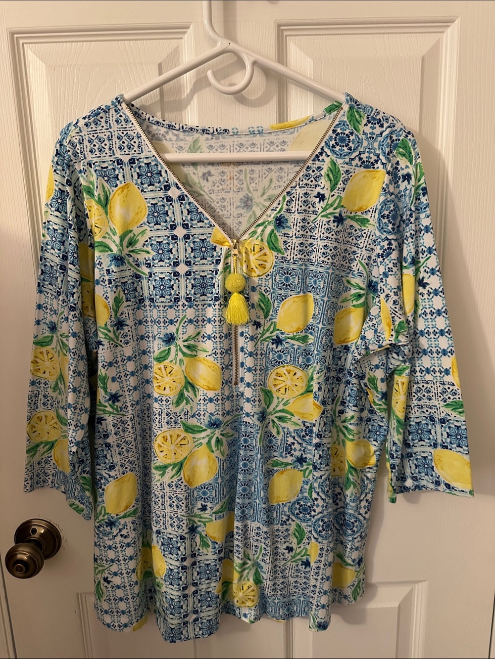 Belle Lemon-Print V-Neck Tunic in Yellow and Blue